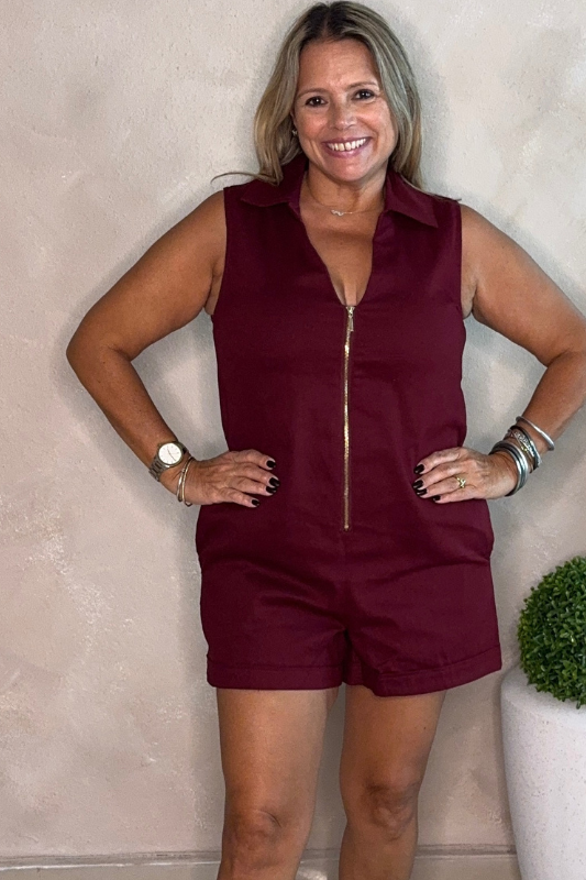 Denim Romper Burgundy